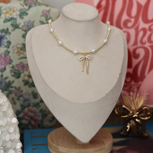 Gold Pearl Chain with Bow Charm